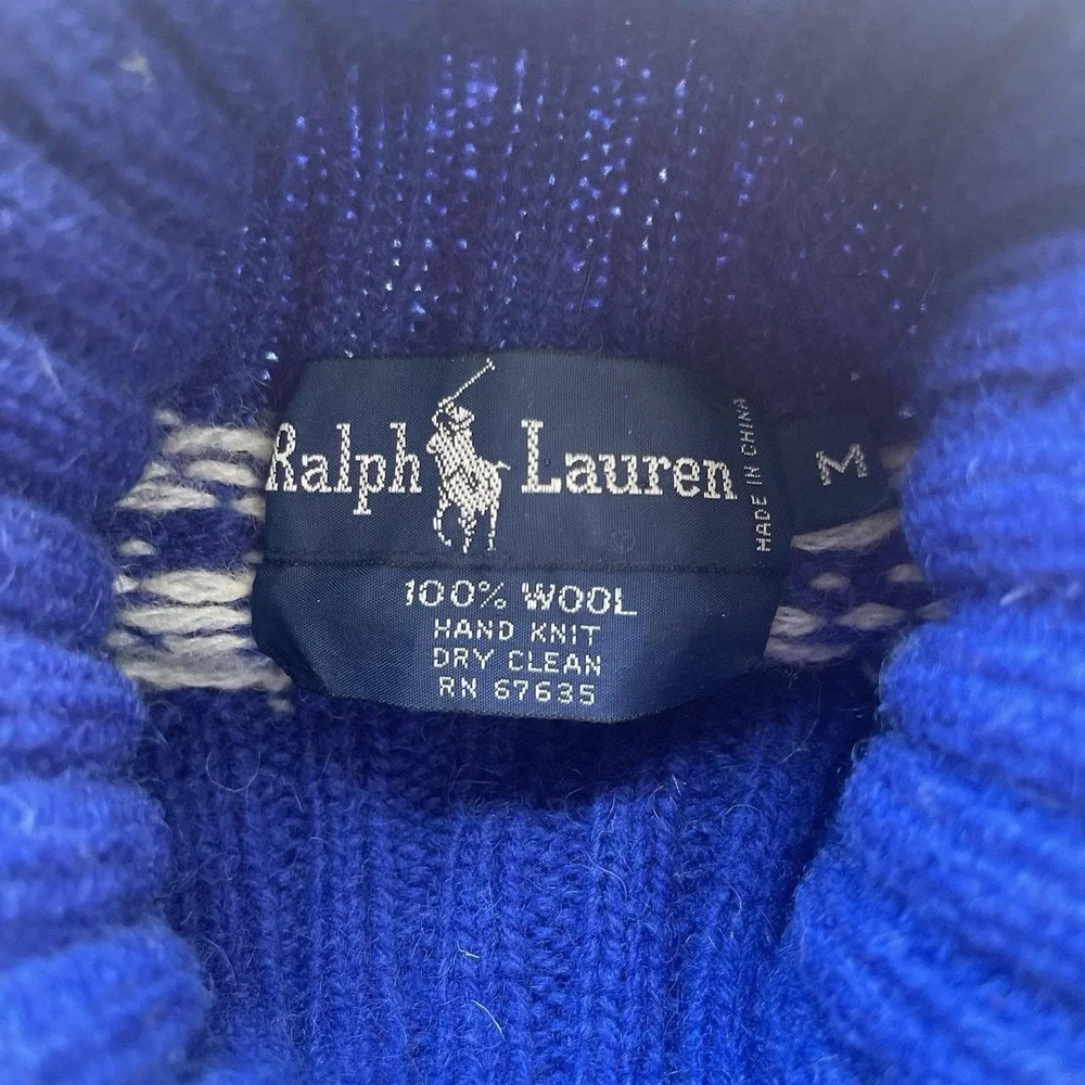 Vintage Polo Ralph Lauren Blue Nordic Fair Isle‎ Sweater Hand Knit Wool Sz M